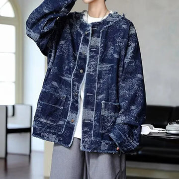 AIDASE  -  Trendy Men Denim Jacket American Style Fashion Full Print Jacquard Design Raw Edge Long Sleeve Round Neck Coats 21E7627 aidase-shop